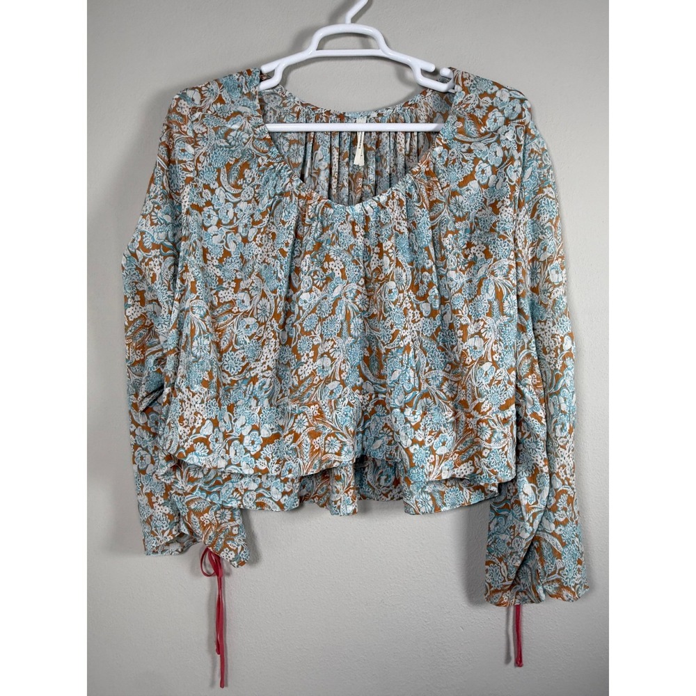 By Anthropologie Long Sleeve Shirred Floral Paisley Blouse Women L Boho Cotton